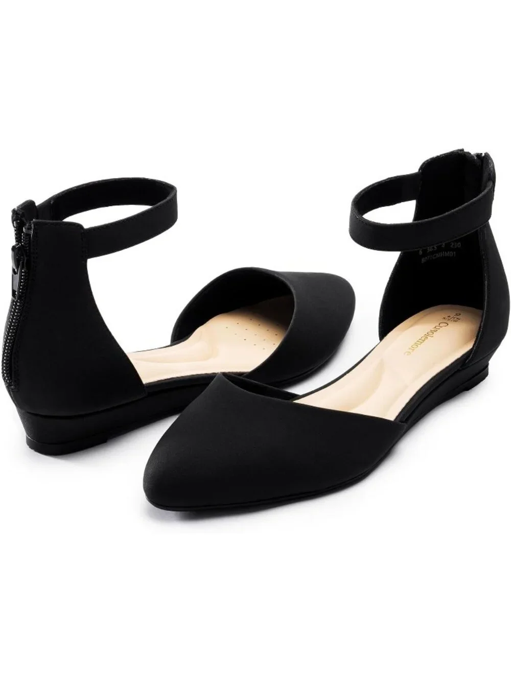Women's Black Nubuck Leather Flats Ankle Strap Comfortable Toe Dress Shoes